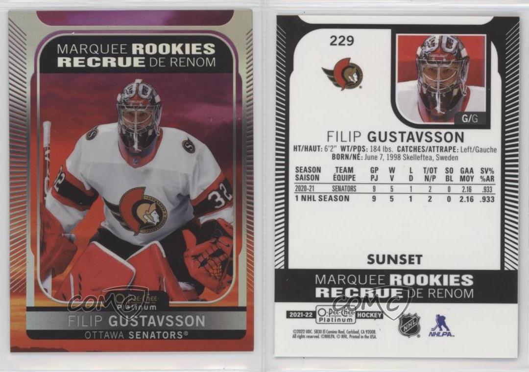 2021 O-Pee-Chee Platinum Marquee Rookies Sunset Filip Gustavsson #229 Rookie RC