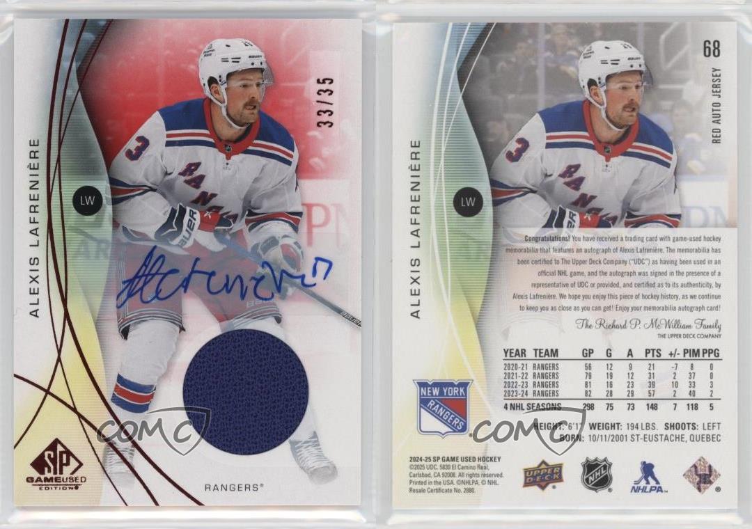 2024-25 Upper Deck SP Game Used Red Auto Jersey /35 Alexis Lafreniere #68 Auto
