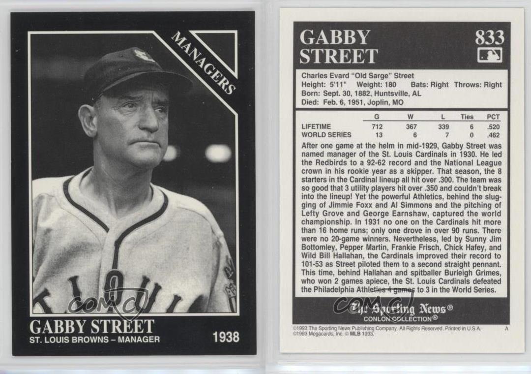 1993 Conlon TSN Baseball Card #833 Gabby Street 