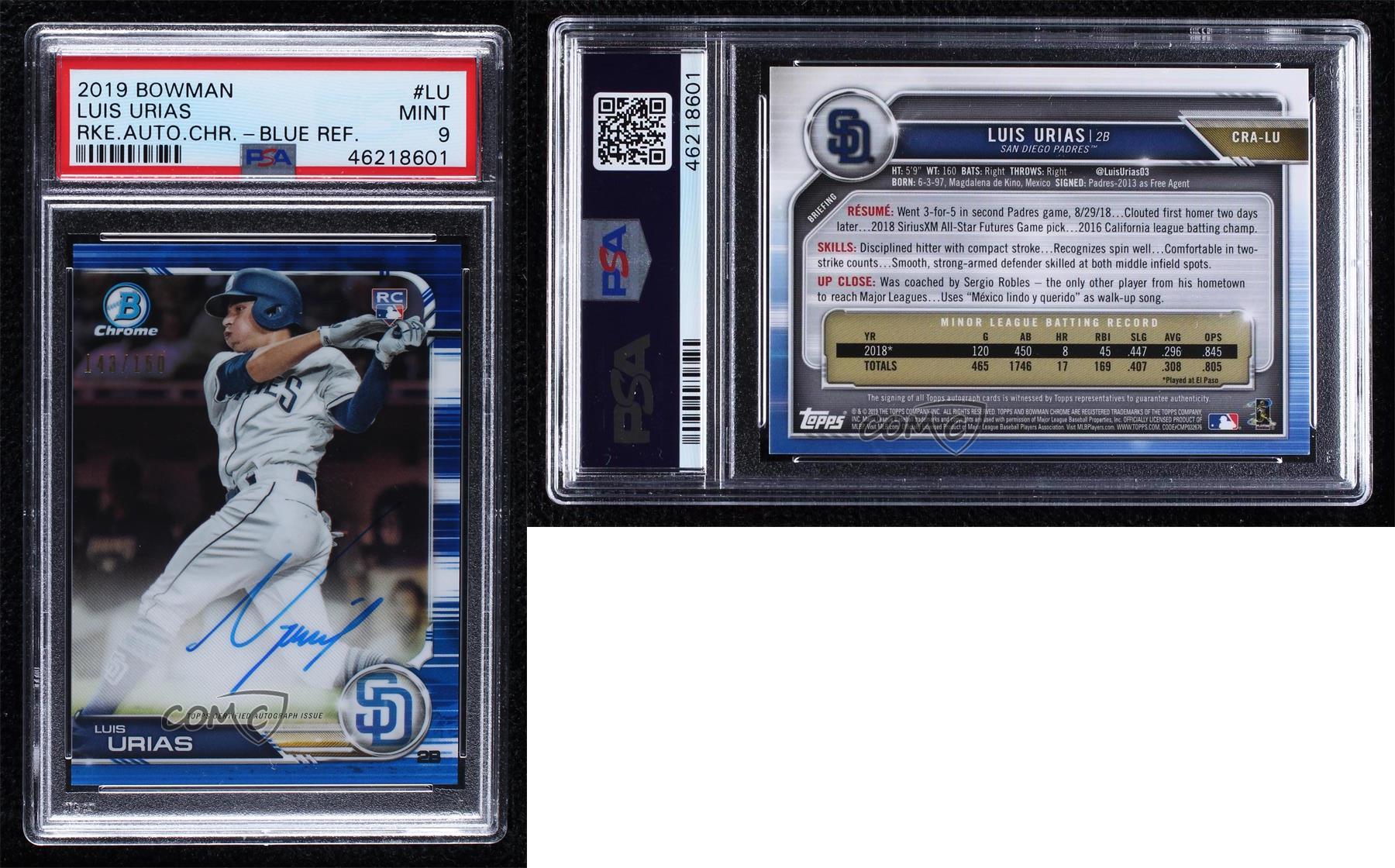 2019 Bowman Chrome Blue Refractor /150 Luis Urias PSA 9 MINT Rookie Auto RC