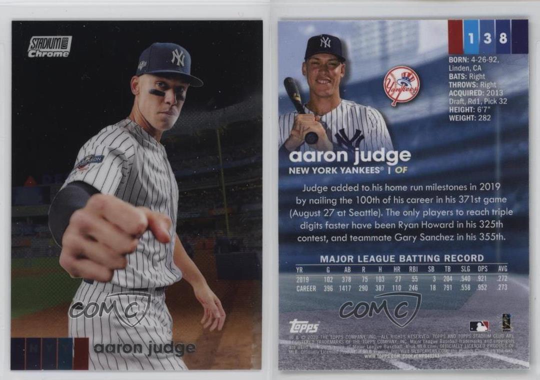 2020 Topps Stadium Club Chrome Aaron Judge #138 - Foto 4 di 4