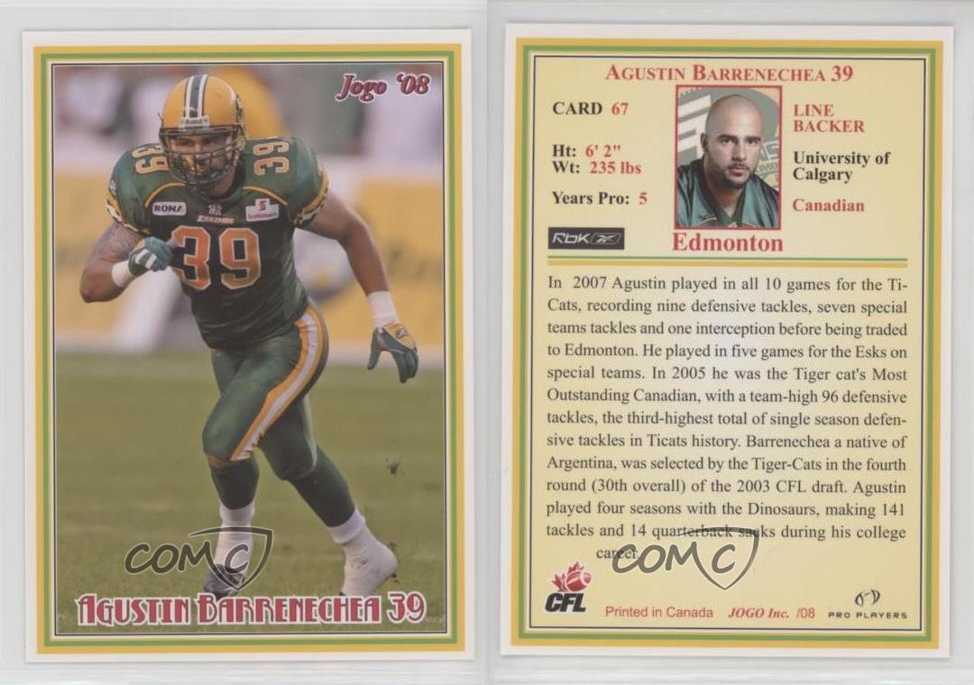 2008 Jogo CFL Agustin Barrenechea #67 - Bild 3 von 3