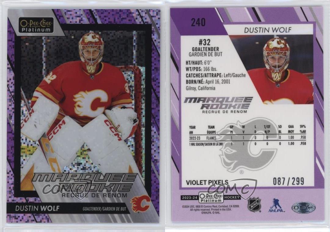 2023-24 O-Pee-Chee Platinum Marquee Rookies Píxeles Violetas Dustin Wolf Novato RC - Imagen 3 de 3