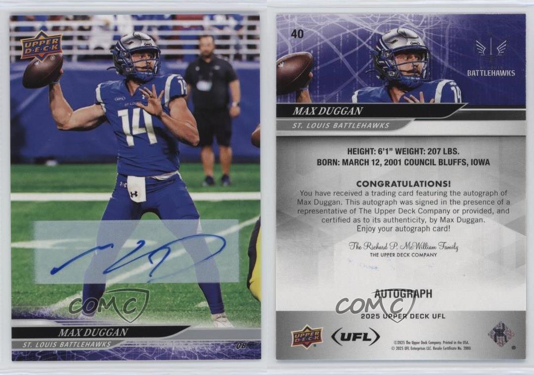 2025 Upper Deck UFL Auto Max Duggan #40 Auto - Picture 3 of 4