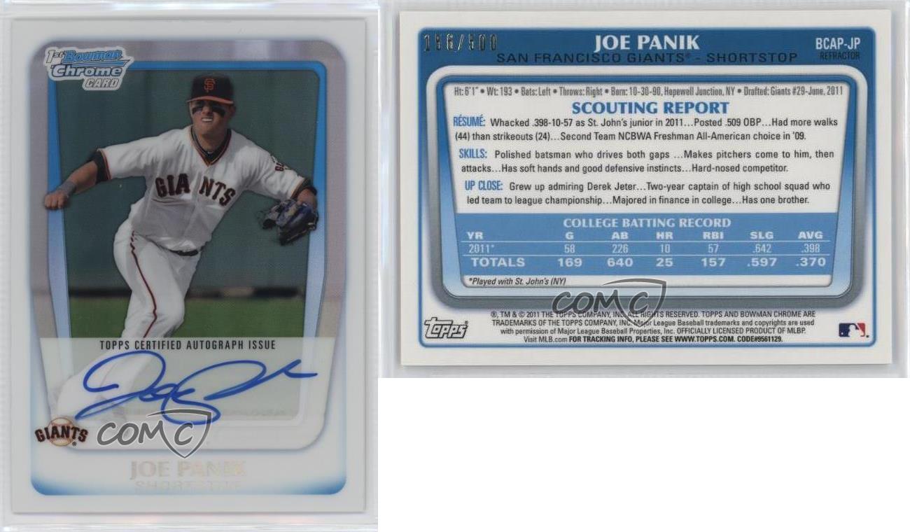 2011 Bowman Draft Chrome Prospects Auto Refractor /500 Joe Panik #BCAP-JP Auto