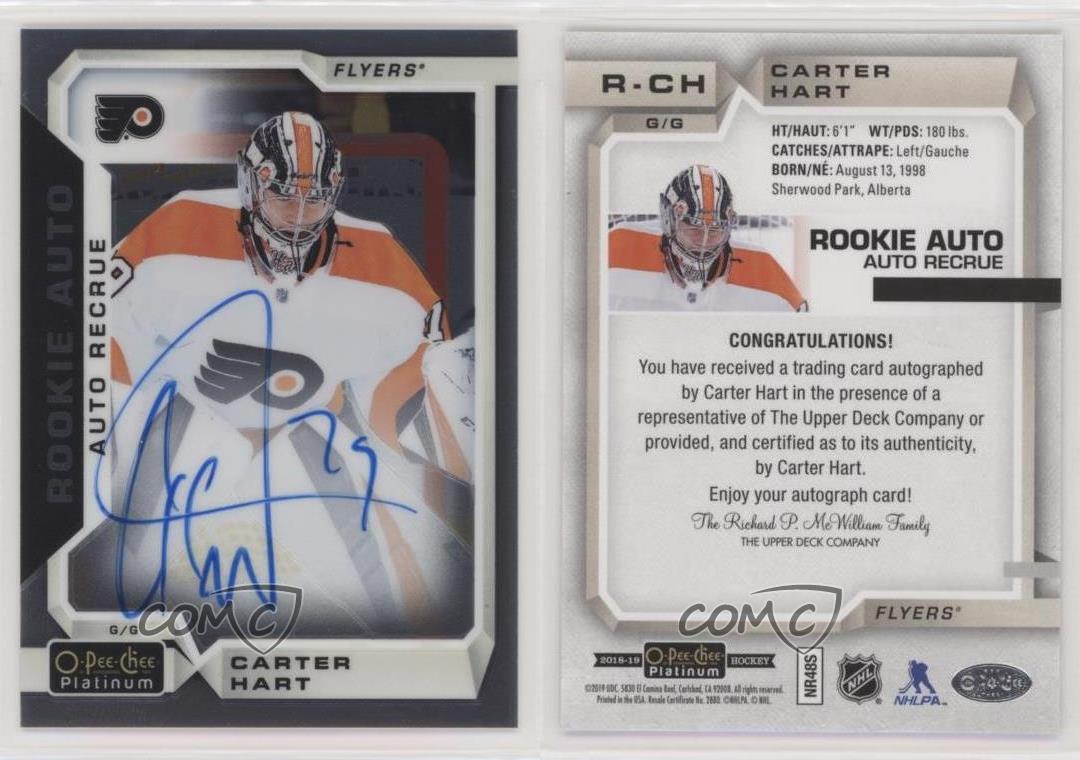 2018-19 O-Pee-Chee Platinum Rookie Autos Carter Hart #R-CH Auto RC
