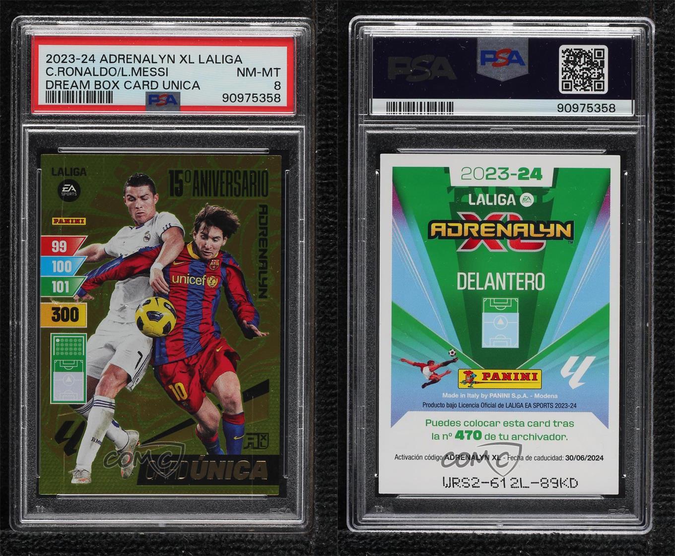 2023 Panini Adrenalyn XL La Liga Card Única Cristiano Ronaldo Lionel Messi PSA 8