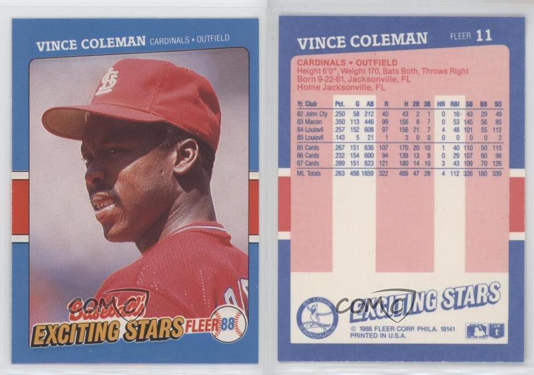 Vince Coleman 1988 Fleer Baseball Exciting Stars Card No 11 (Cardinals)