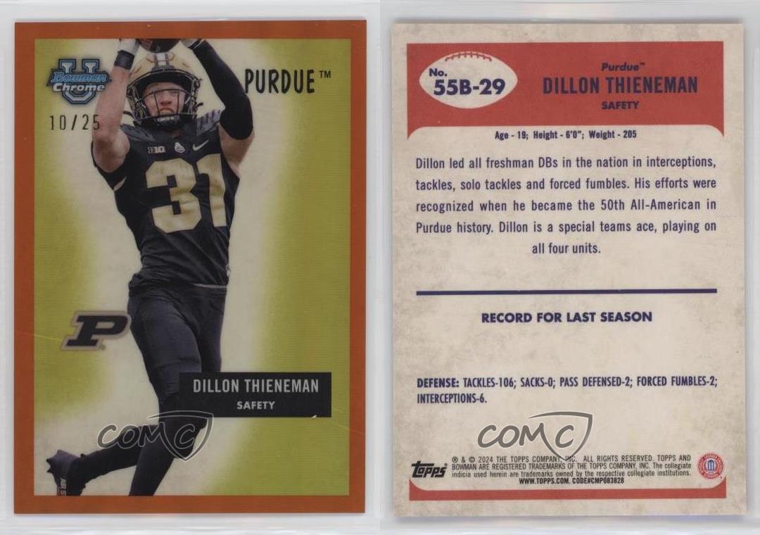 2024 Bowman University Chrome Orange Refractor /25 Dillon Thieneman #55B-29 - Picture 3 of 3