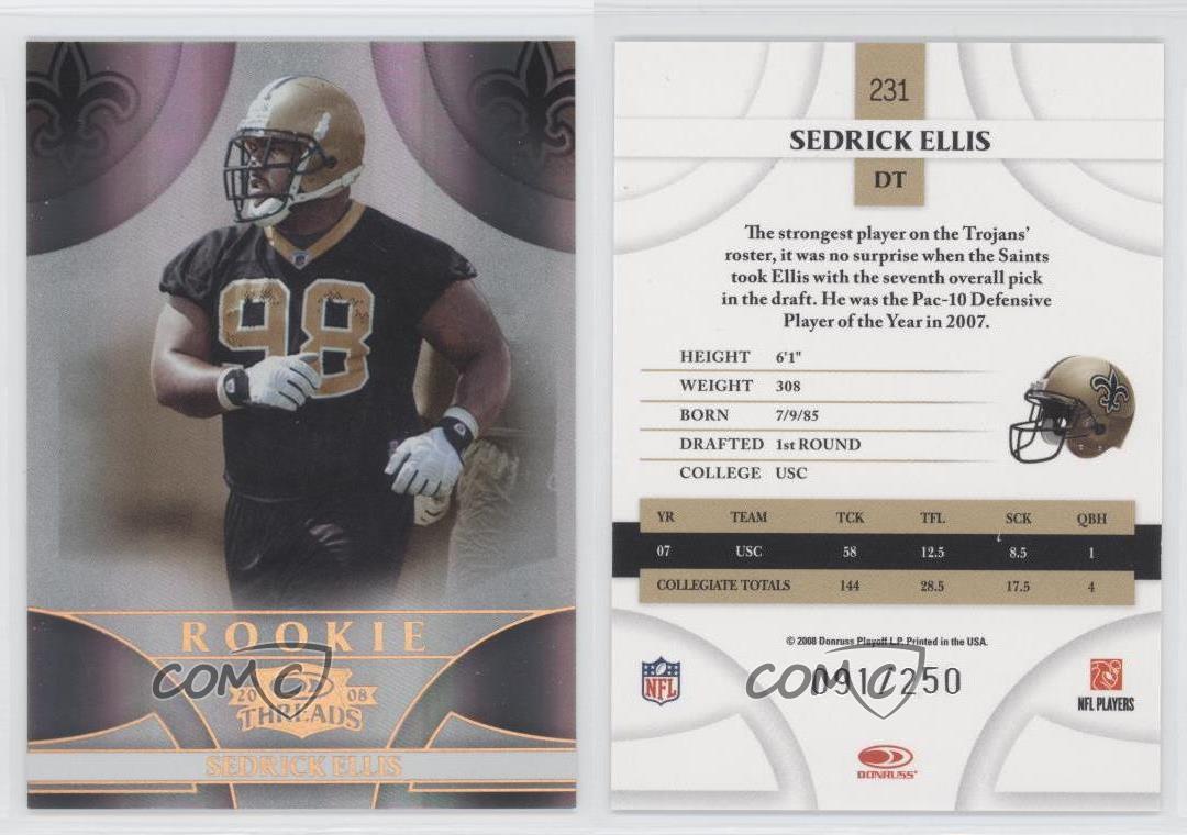 2008 Donruss Threads Bronze Century Proof /250 Sedrick Ellis #231 Rookie RC - Picture 3 of 4