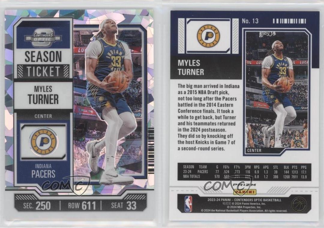 Boleto de temporada óptico Panini Contenders 2023-24 Cracked Ice Prizm/23 Myles Turner - Imagen 3 de 3