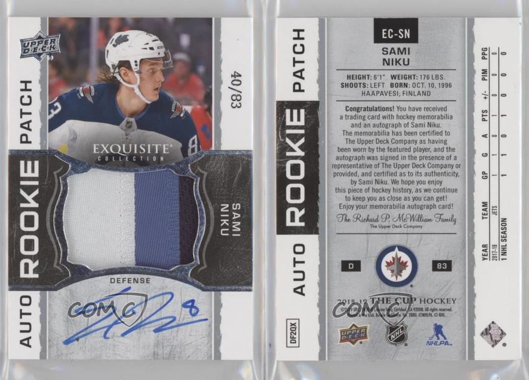 2018 The Cup 2018-19 Exquisite Collection Rookie /83 Sami Niku RPA Patch Auto RC - Afbeelding 3 van 4
