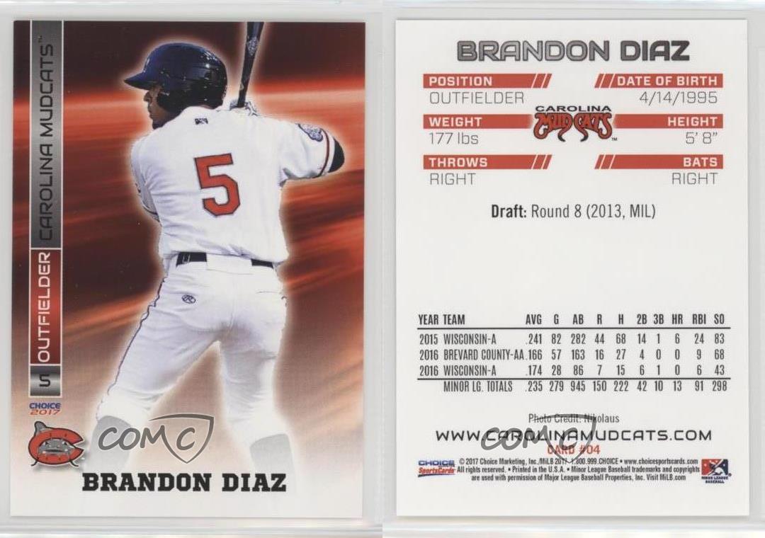 Details About 2017 Choice Carolina Mudcats Brandon Diaz 04