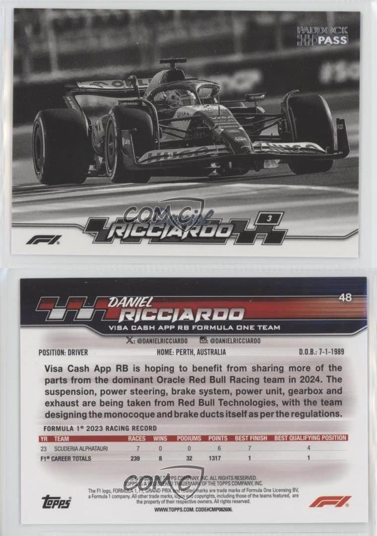 2024 Topps Paddock Pass Formula 1 Car Black and White Foil Daniel Ricciardo #48 - Picture 3 of 3