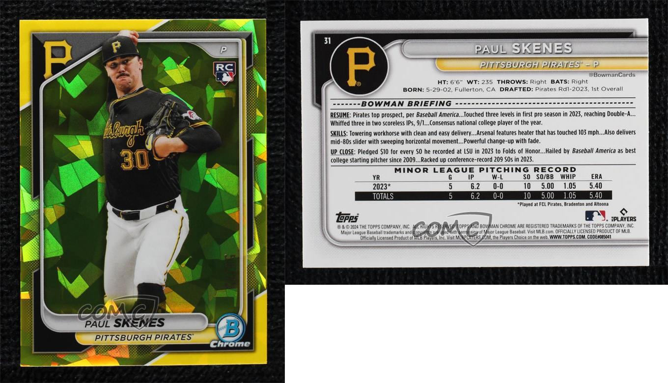 Bowman 2024 Chrome Sapphire Edition Jaune /75 le plus cher Paul Skenes #31 Rookie RC