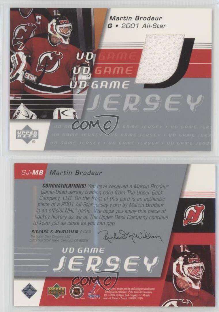 2002 03 upper deck ud game jerseys gj mb martin brodeur new jersey ud flyer card