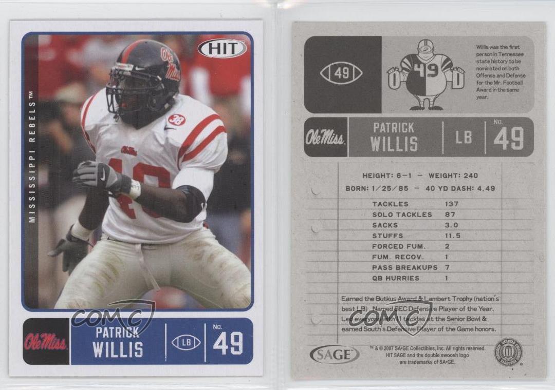 2007 Sage HIT Football Rookie Card #49 Patrick Willis