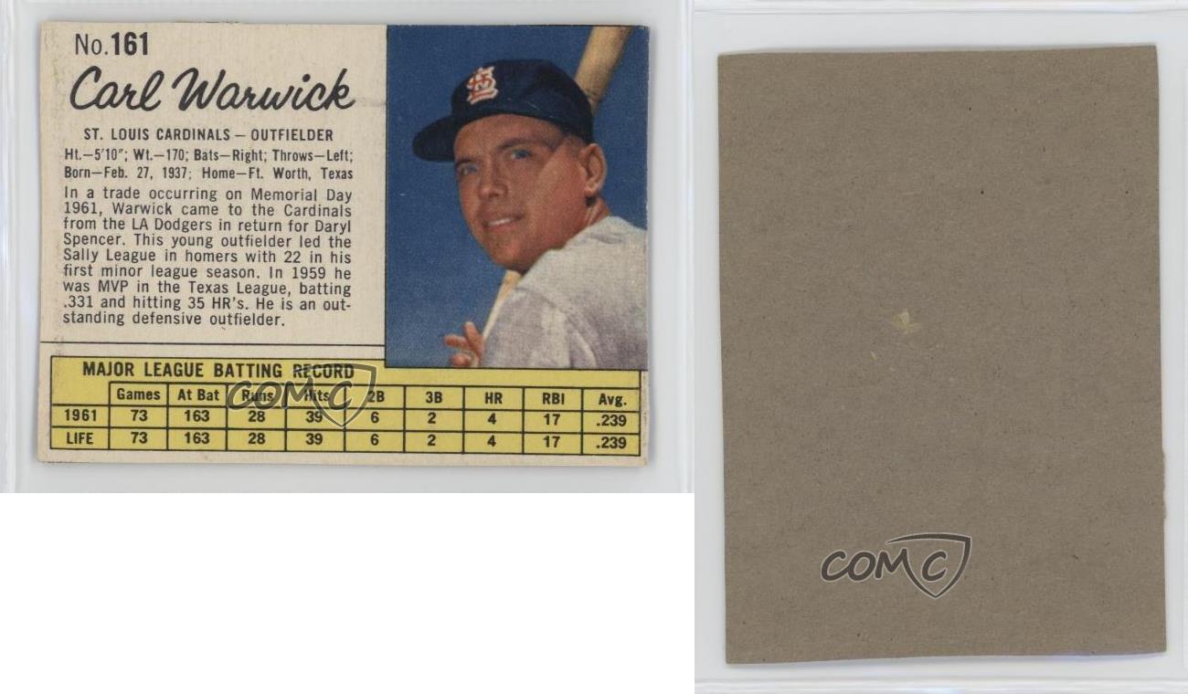 1962 Jell-O Carl Warwick #161 Rookie RC - Picture 3 of 3