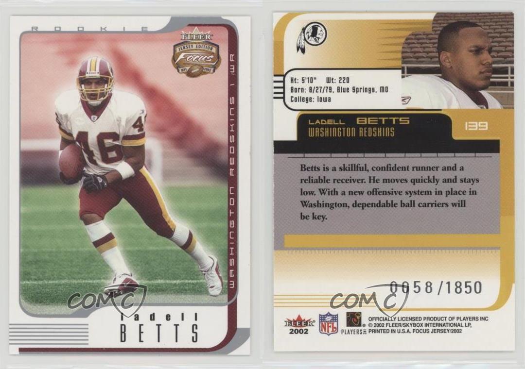 2002 Fleer Focus Jersey Edition Rookie /1850 Ladell Betts #139 Rookie RC - Picture 3 of 4