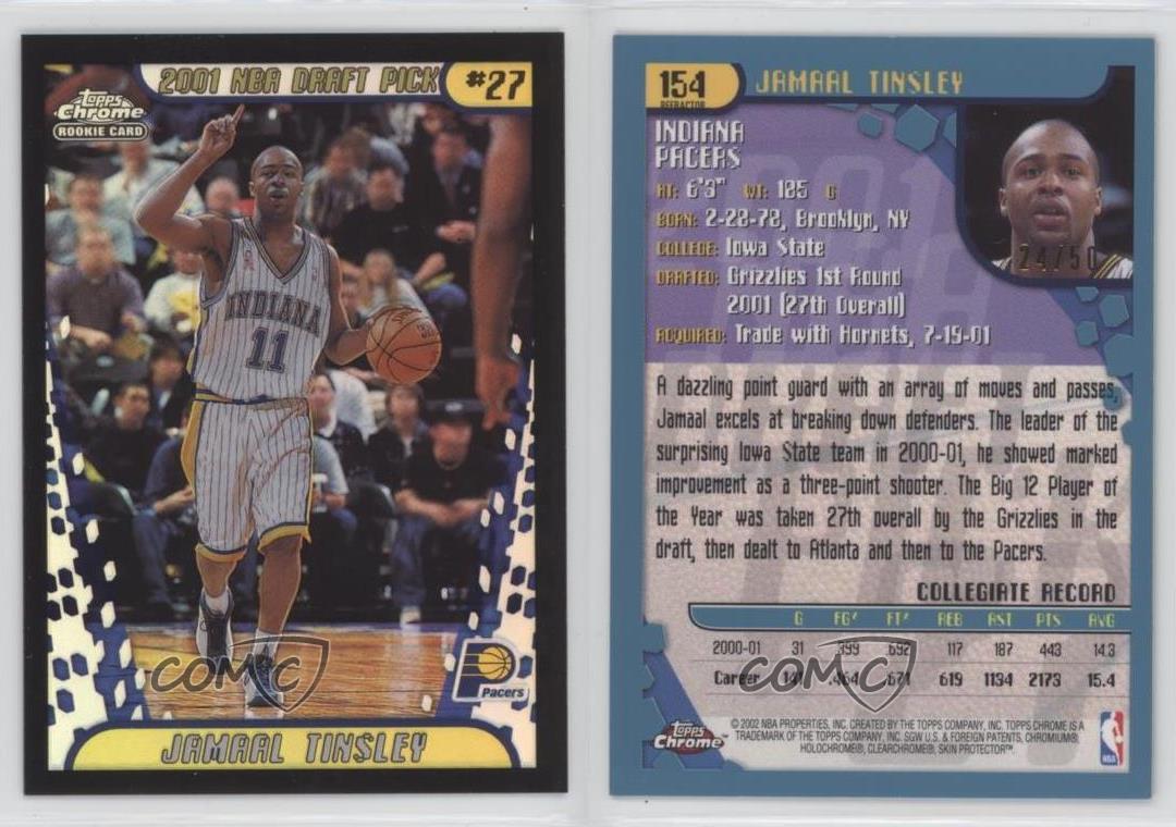 2001-02 Topps Chrome Black Border Rifrattore /50 Jamaal Tinsley #154 Rookie RC - Foto 3 di 3