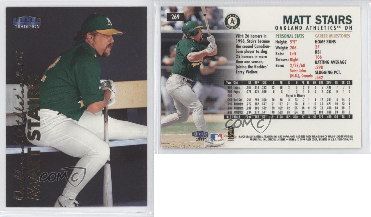 Matt Stairs autographed baseball card (Oakland Athletics) 1999 Fleer  Tradition #269