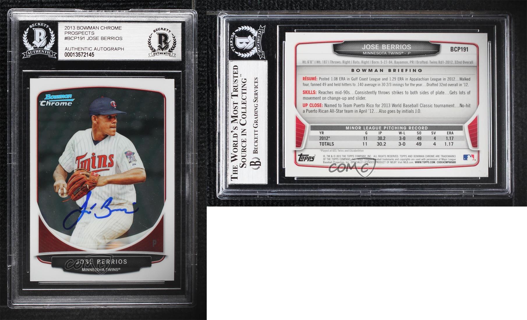 BAS 2013 Bowman Chrome Prospects Jose Berrios #BCP191 BGS Authentic Auto