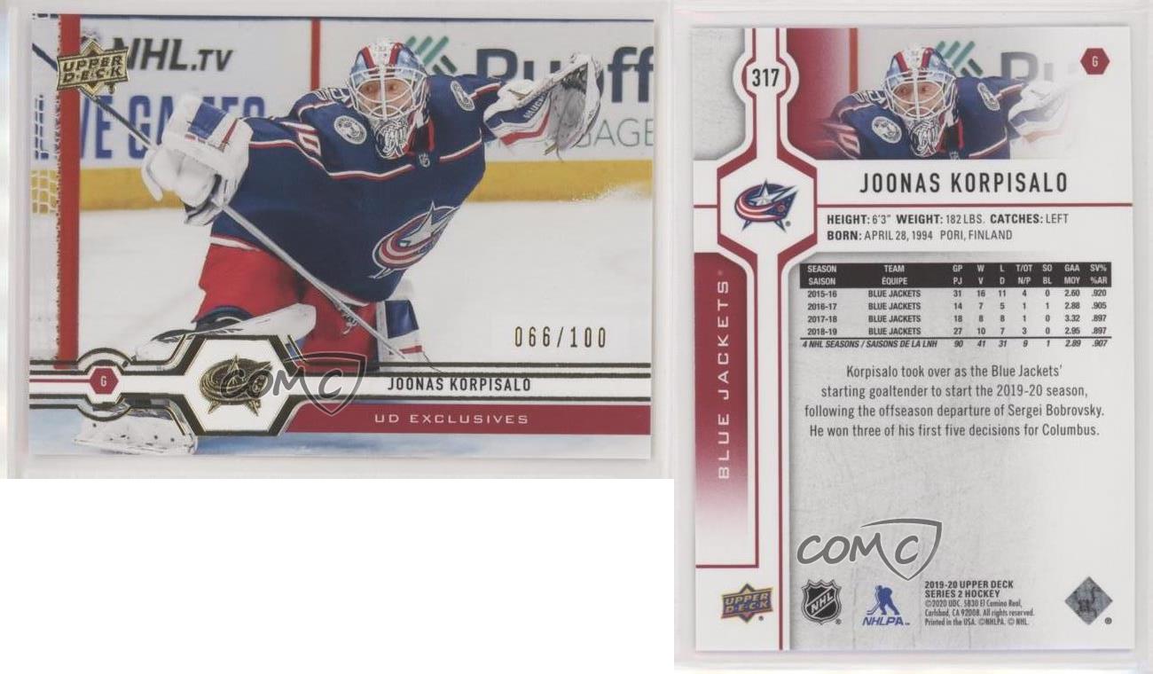2019-20 Upper Deck Hockey #317 Joonas Korpisalo Columbus Blue Jackets Official Series Two Trading Card From UD