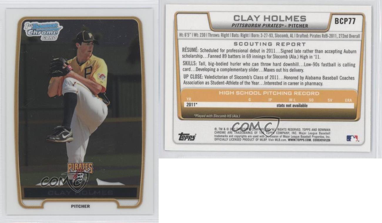  2012 Bowman Chrome Prospects #BCP77 Clay Holmes Pirates MLB  Baseball Card NM-MT : Collectibles & Fine Art