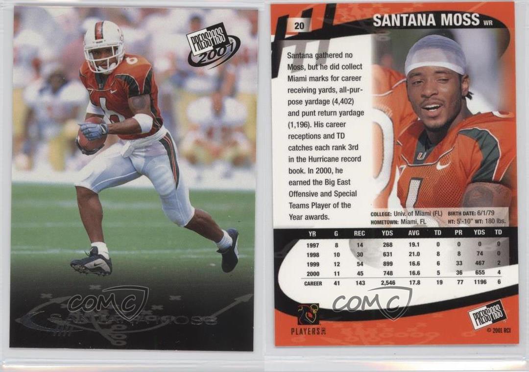 2001 Press Pass #20 Santana Moss New York Jets Miami Hurricanes Football Card | eBay