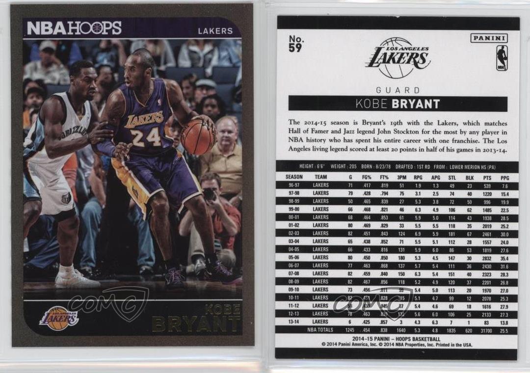 2014-15 NBA Hoops Gold #59 Kobe Bryant Los Angeles Lakers Basketball ...