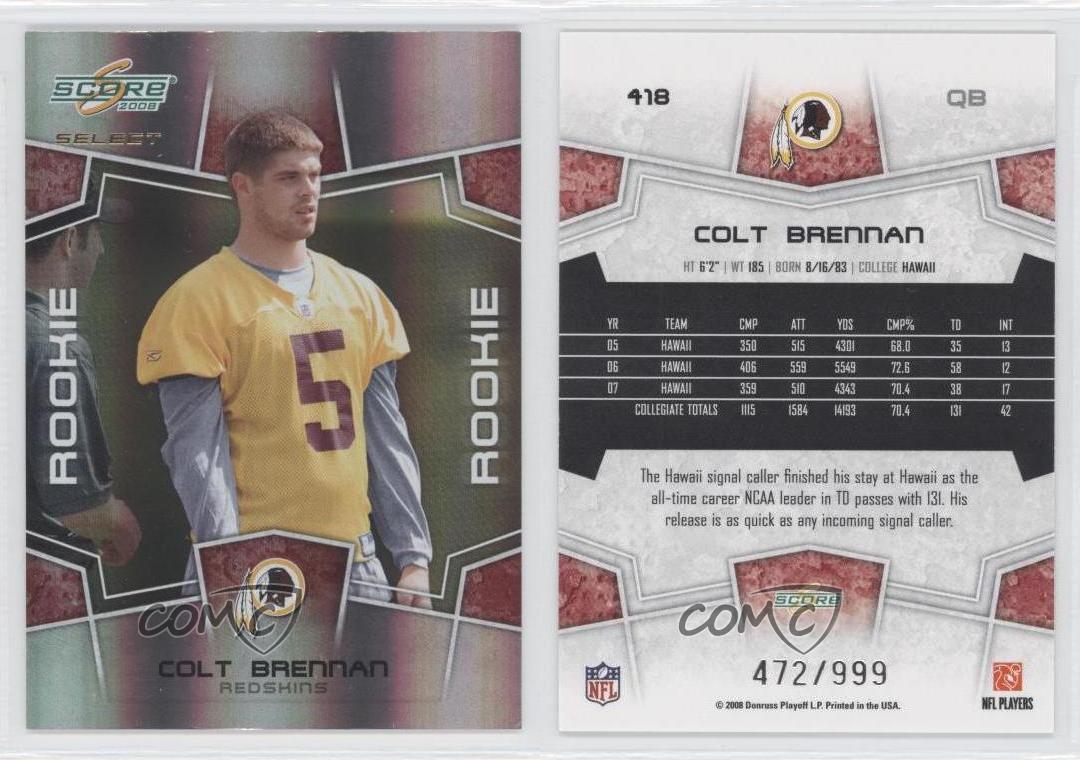 2008 Score Select #418 Colt Brennan Washington Redskins RC ...