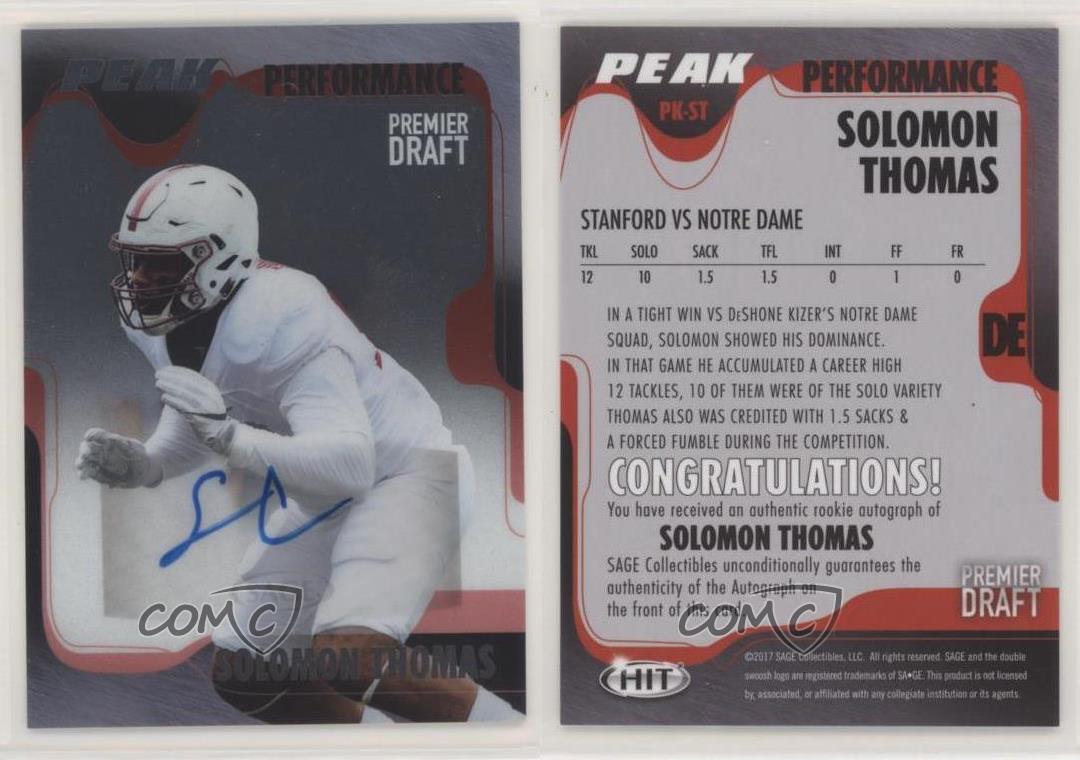 2017 Sage Hit Peak Performance officiel Platinisé Solomon Thomas #PK-ST Rookie Auto RC