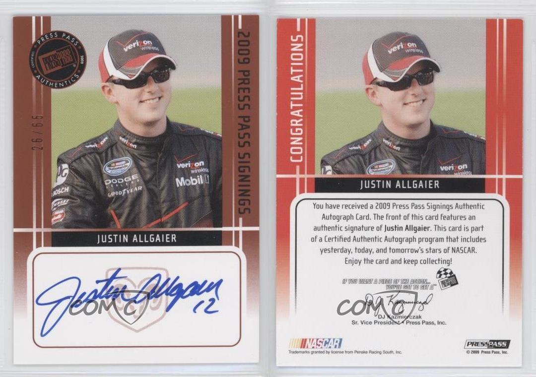 2009 Press Pass Press Pass Signings Bronze /65 Justin Allgaier Rookie Auto RC - Picture 3 of 3