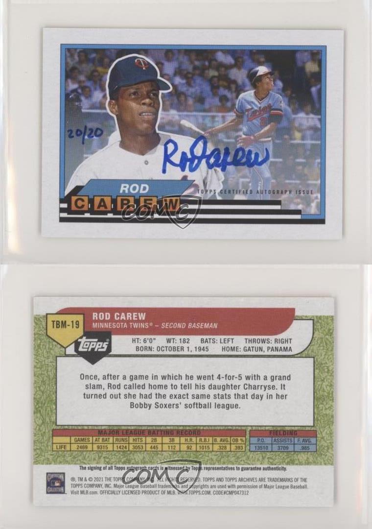 2021 Topps Archives 1989 Topps Big Minis Auto /20 Rod Carew #TBM-19 Auto HOF