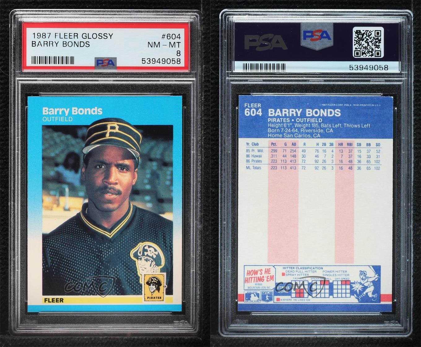 1987 Fleer GLOSSY #604 Barry Bonds Pirates ROOKIE RC PSA 8 Graded Baseball  Card