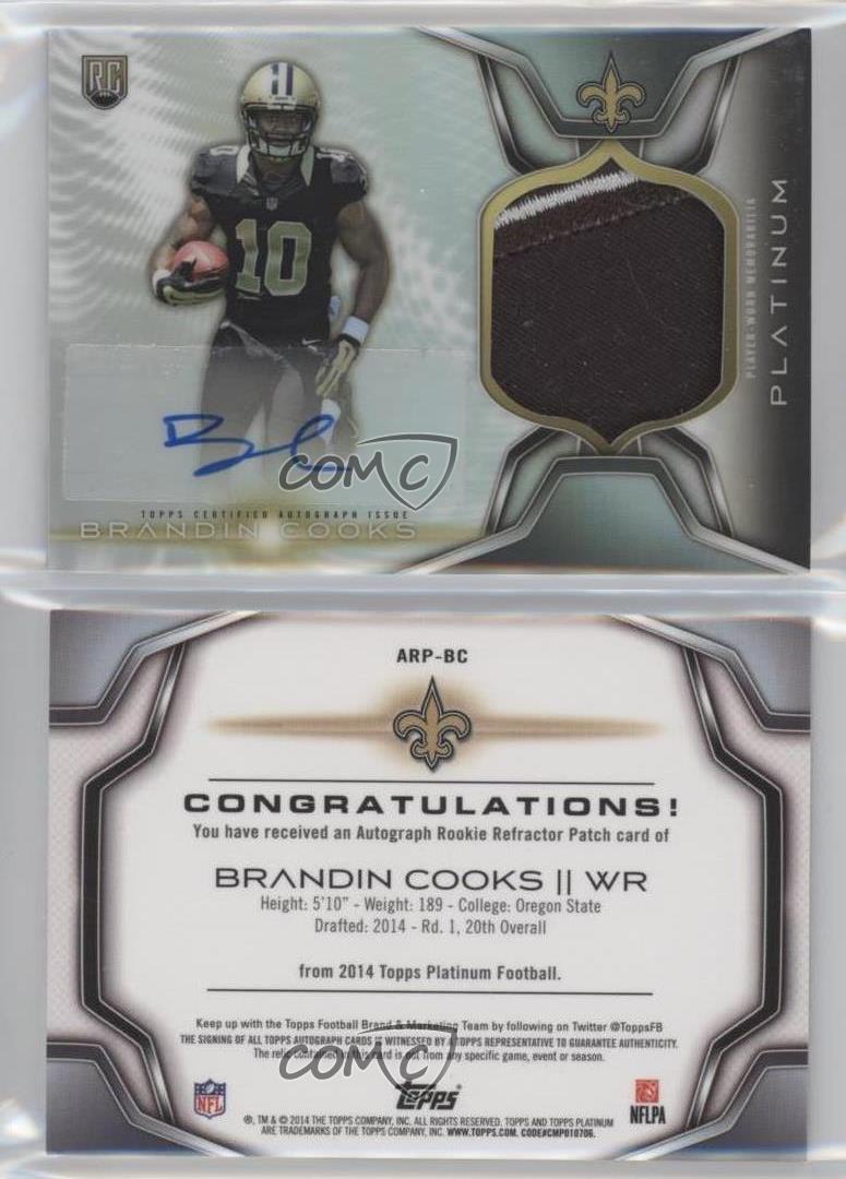 Brandin Cooks Autographed 2014 Topps Platinum Refractor Patch Rookie Card