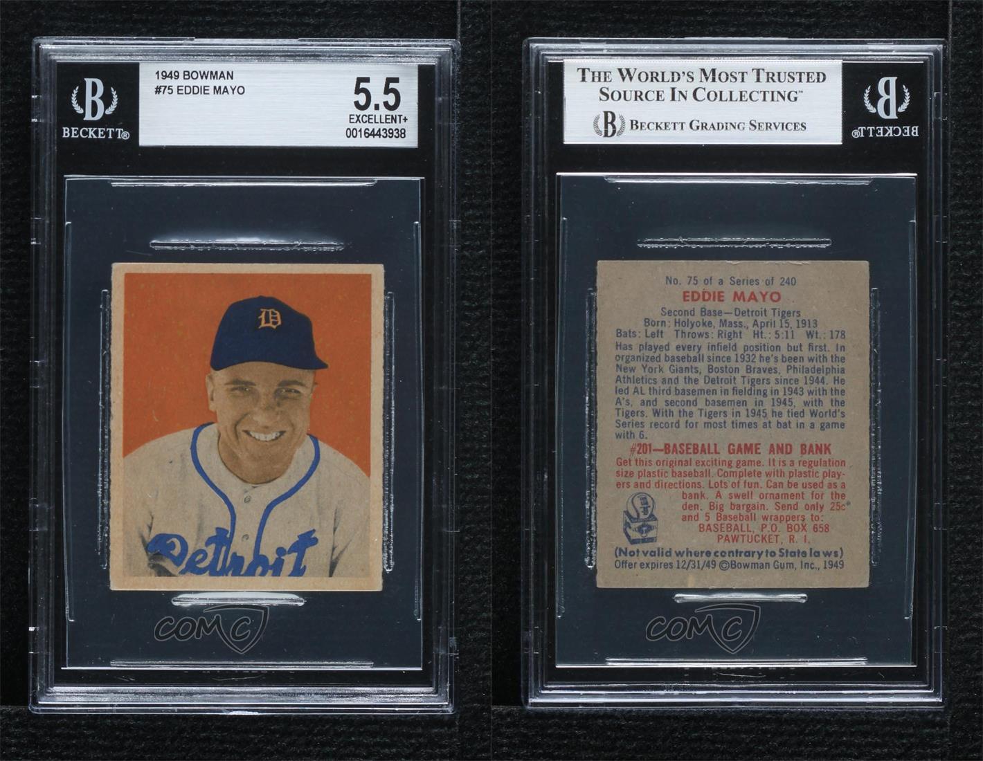 Meyo 7175  1949 Bowman Gray Back Eddie Mayo #75 BGS 5.5 Rookie RC | eBay