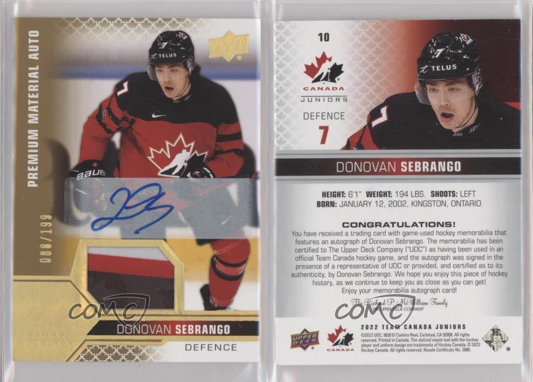 2022 Team Canada Juniors Premium Signatures /199 Donovan Sebrango #10 Patch Auto