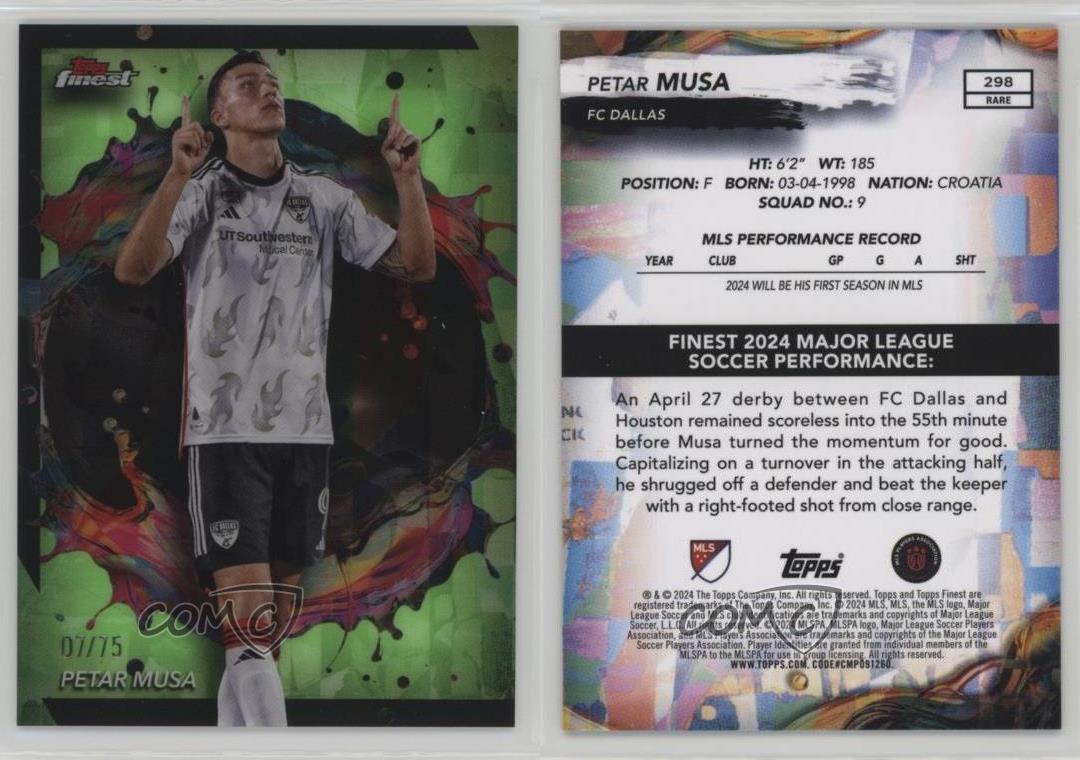Topps Finest MLS raro refractor verde neón 2024/75 Petar Musa #298 novato radiocontrol - Imagen 3 de 3
