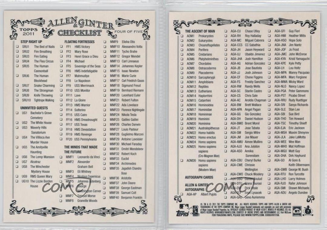 2011 Topps Allen & Ginter's Checklists 4 Checklist Baseball Card eBay