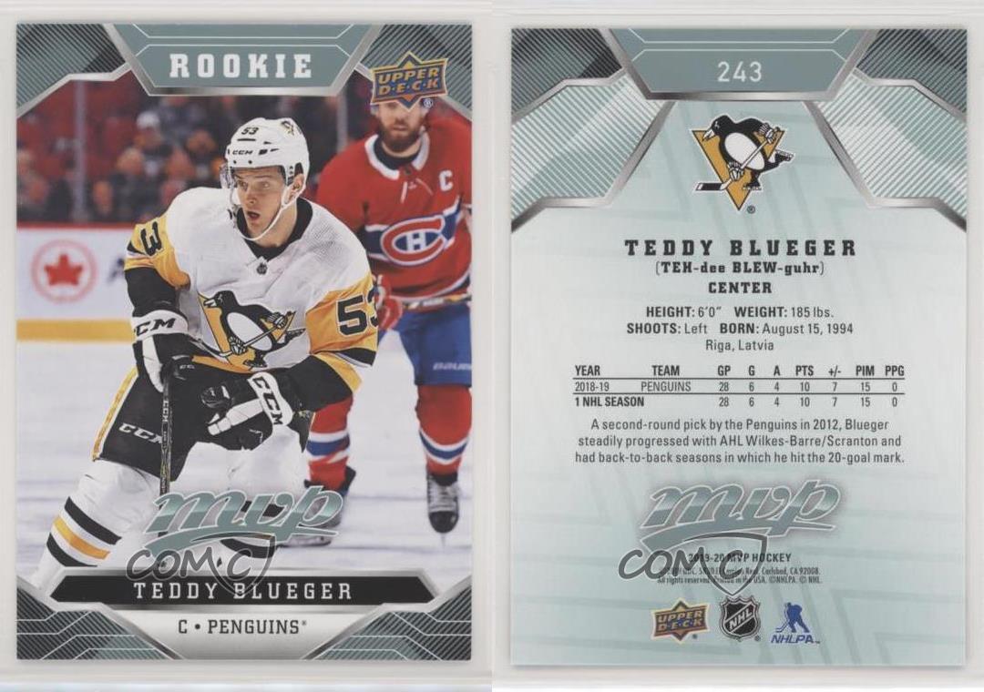  2019-20 UD MVP Hockey BLUE #243 Teddy Blueger Pittsburgh  Penguins RC Rookie Limited Edition Only Found in Factory Set Official Upper  Deck NHL Trading Card : Collectibles & Fine Art