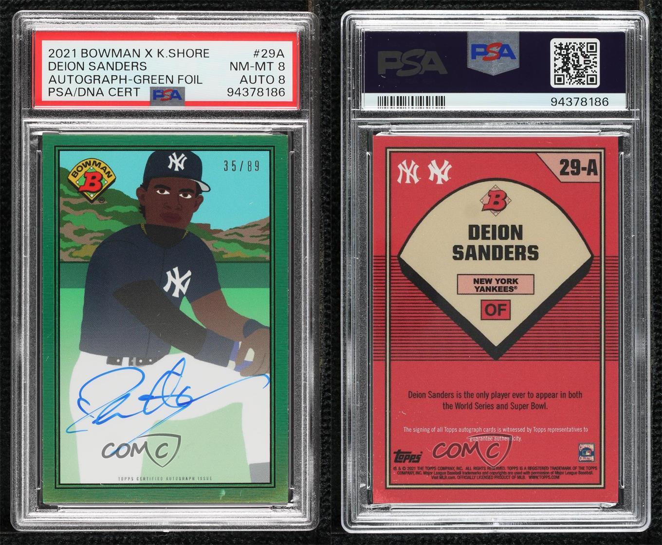 2021 Topps 1989 Bowman X Keith Shore Green Foil /89 Deion Sanders PSA 8 Auto - Bild 3 von 3