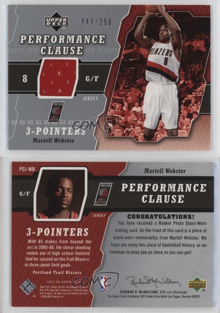 Maillot Upper Deck Performance Clause 2005 /250 Martell Webster #PCJ-WB usine Rookie RC