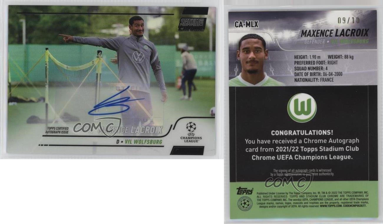 Stadium Club 2021 cromo UCL refractor negro/10 Maxence Lacroix novato automático radiocontrol - Imagen 3 de 3