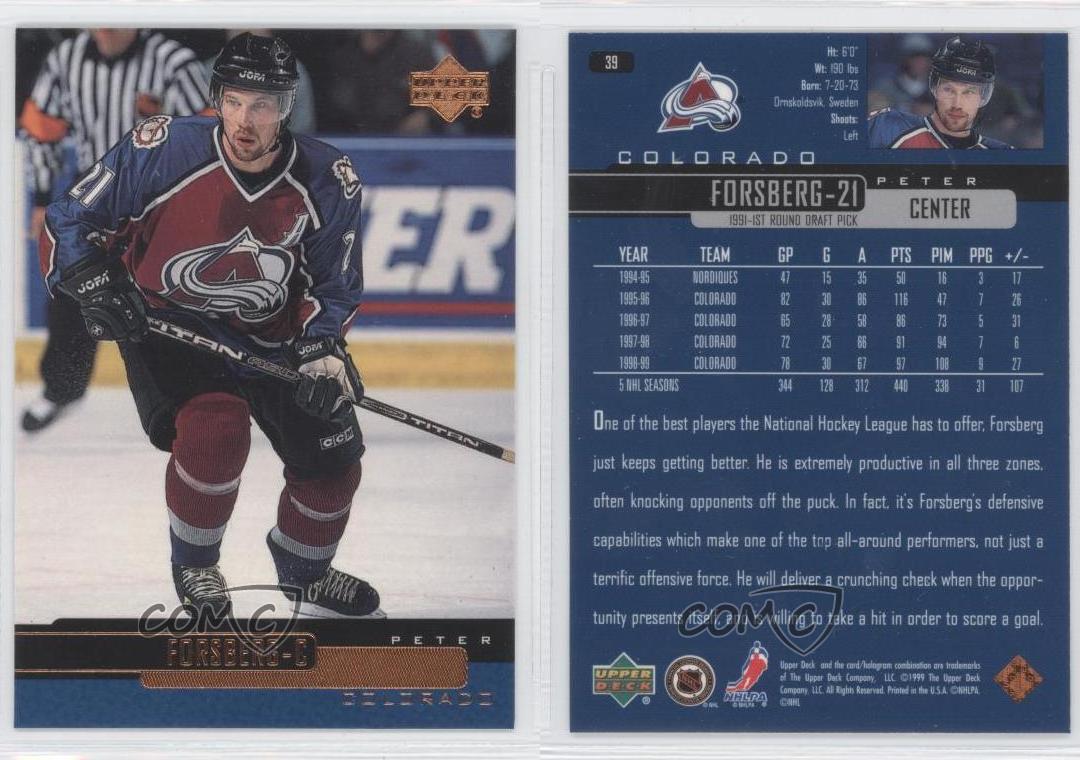 1999-00 UPPER DECK #39 PETER FORSBERG Colorado Avalanche Hockey Card