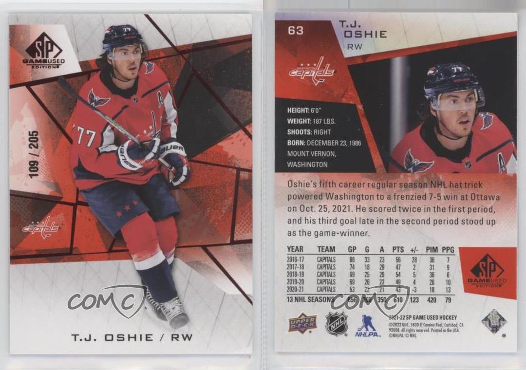 2021-22 Upper Deck SP Game Used Red Fragment /205 TJ Oshie 2021-22 Upper Deck SP Game Used Red Fragment /205 TJ Oshie