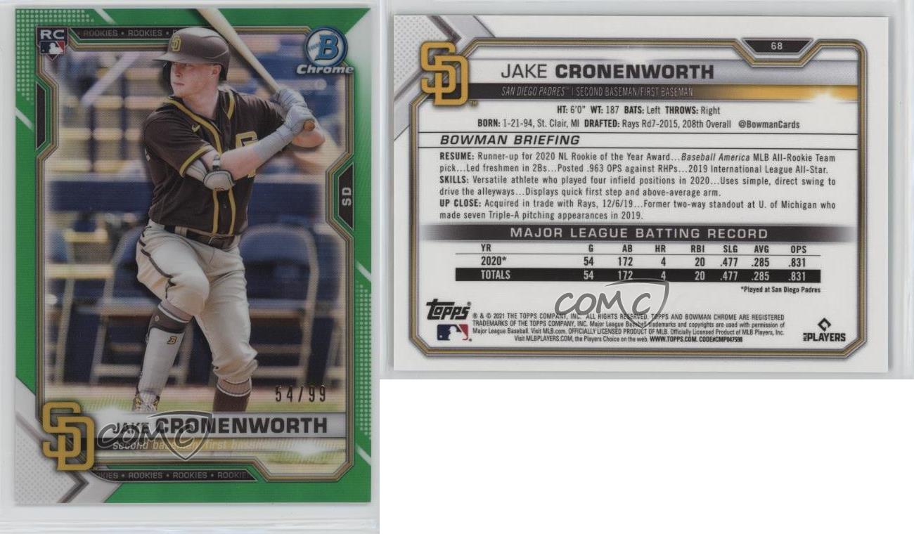 Bowman 2021 cromo refractor verde/99 Jake Cronenworth #68 novato radiocontrol - Imagen 3 de 4