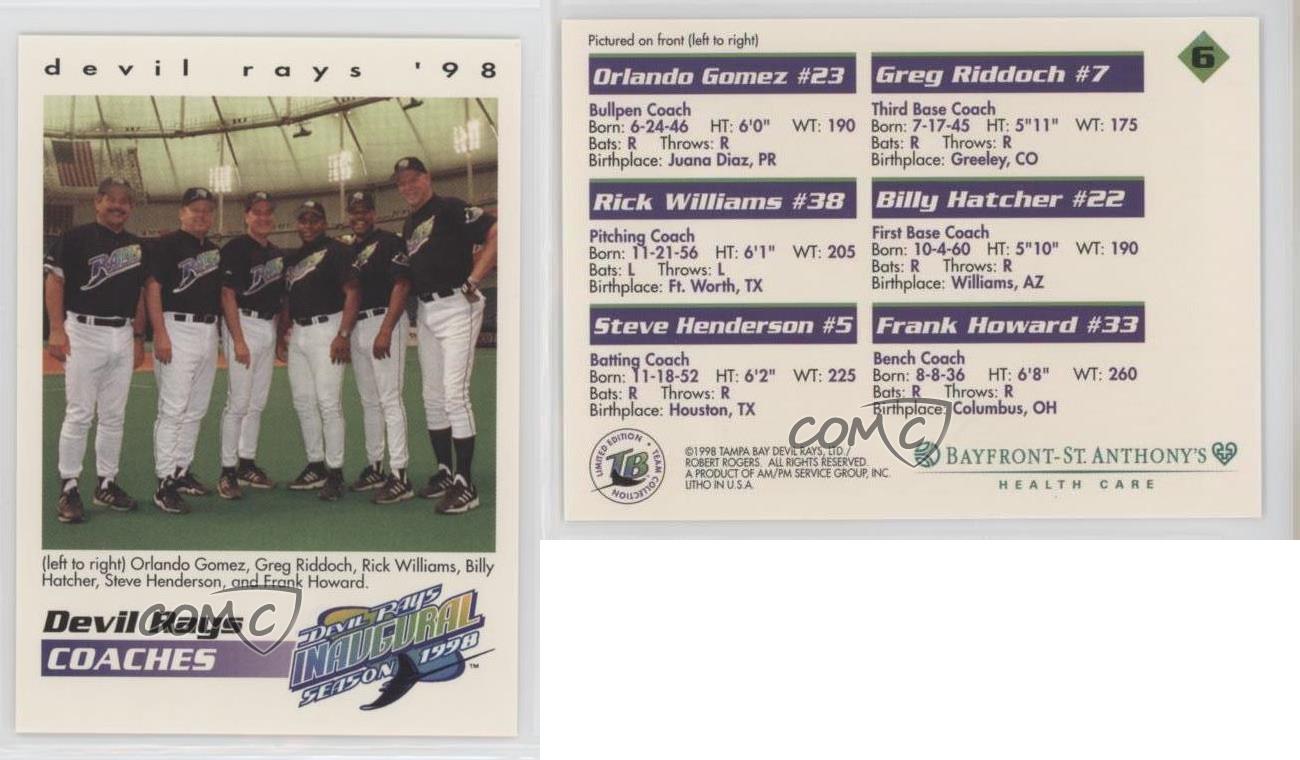 1998 Tampa Bay Devil Rays Team Issue Orlando Gomez Greg Riddoch Rick  Williams #6