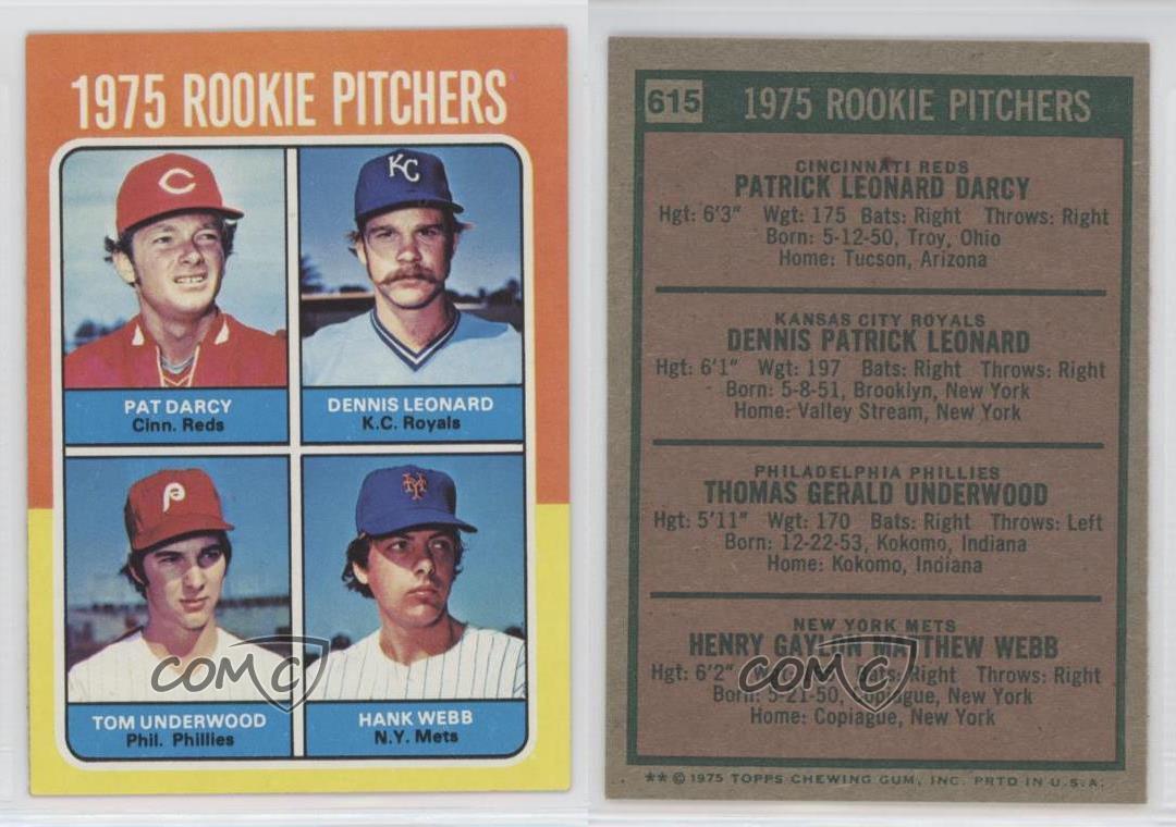 1975 Topps 615 Tom Underwood Hank b Pat Darcy Dennis Leonard New