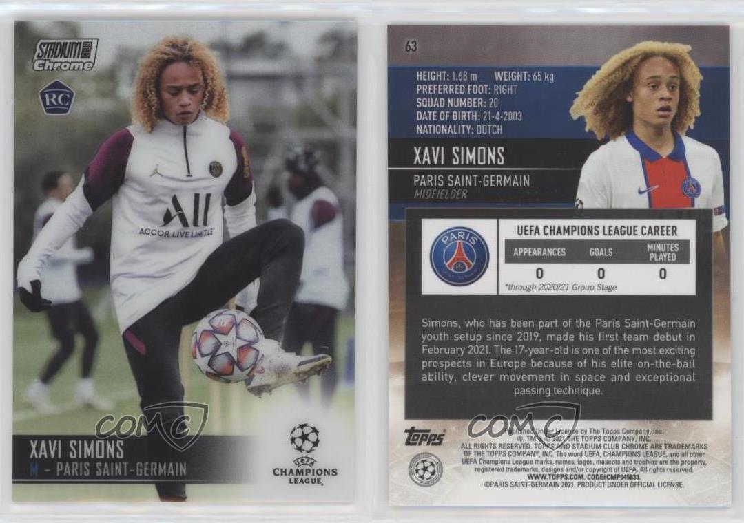 2020-21 Topps Stadium Club Chrome UCL Xavi Simons #63 Rookie RC - Picture 7 of 7